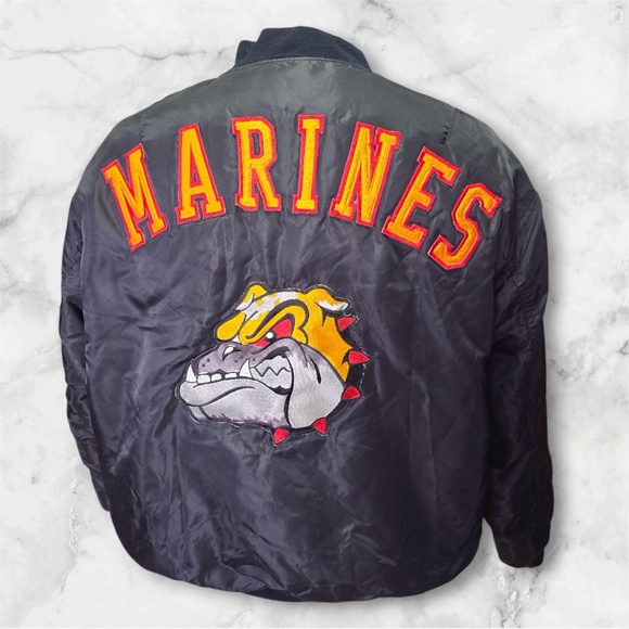 Vintage USMC Marines Bulldogs Jacket MA-1 Bomber  XXL- Quilted Nylon Black - Picture 1 of 11
